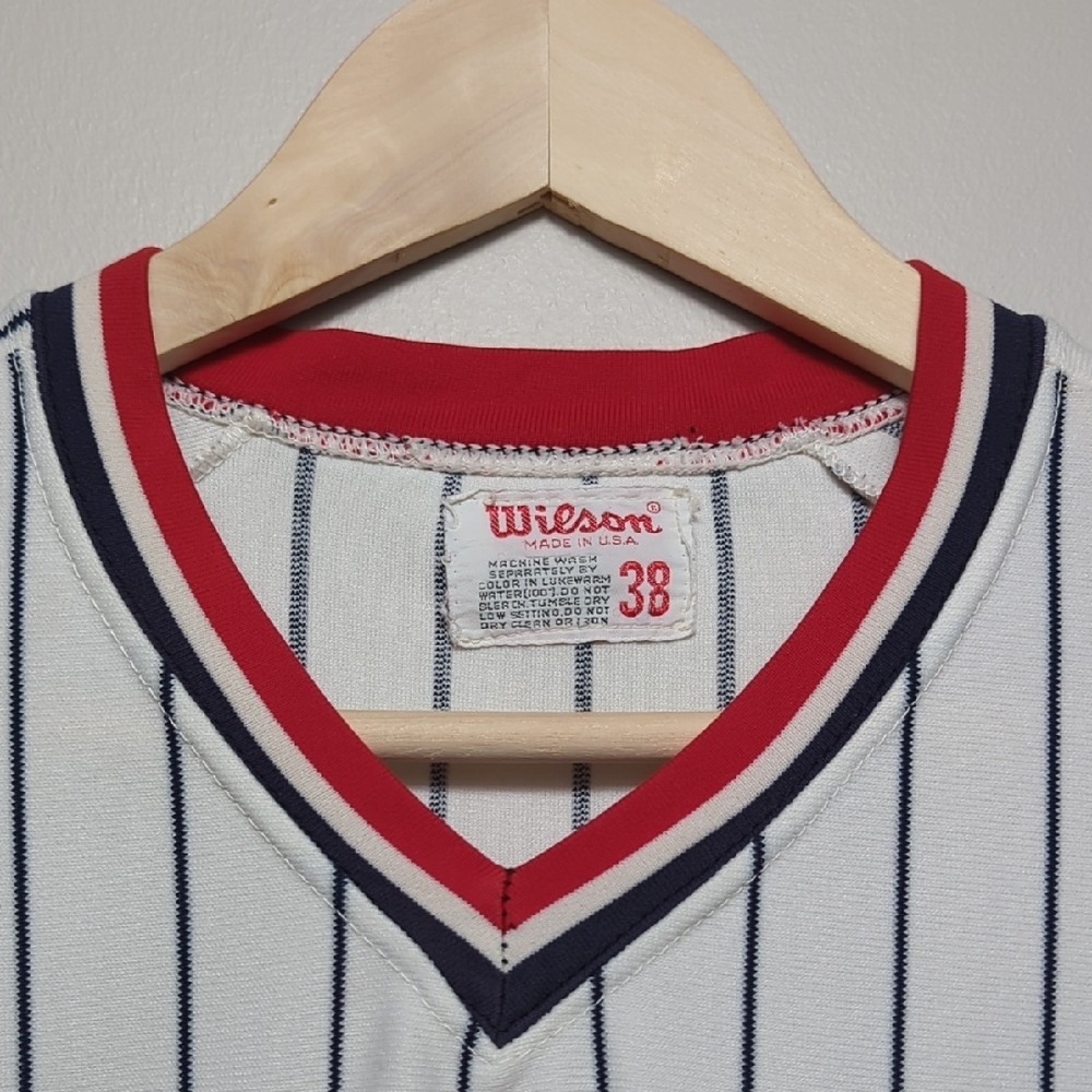 Vtg 70s 80s Wilson Baseball Uniform Jersey Pinstripe White Blue Red 16 USA SMALL - Picture 9 of 15